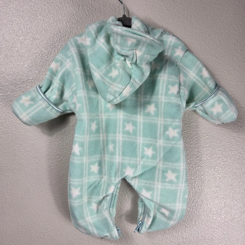 Vintage Lullaby Club Baby Fleece Bunting 3-6M Mint Plaid Stars Hooded Snowsuit